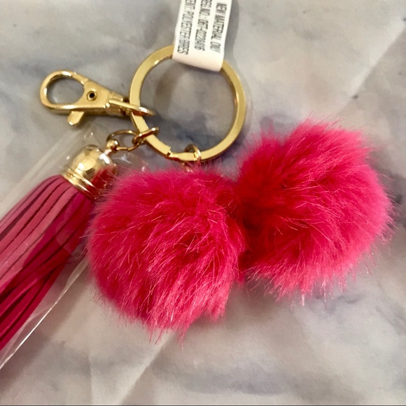 Hot Pink Tassel & Pom Pom Keychain - Picture 2 of 4